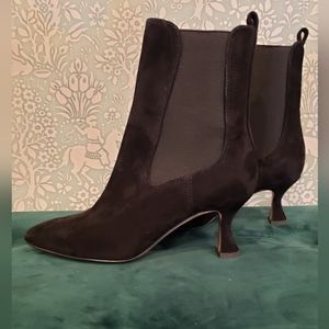 Sam Edelman Lani Black Suede Pull On Heeled Midcalf Boot Square Toe Kitten Heel